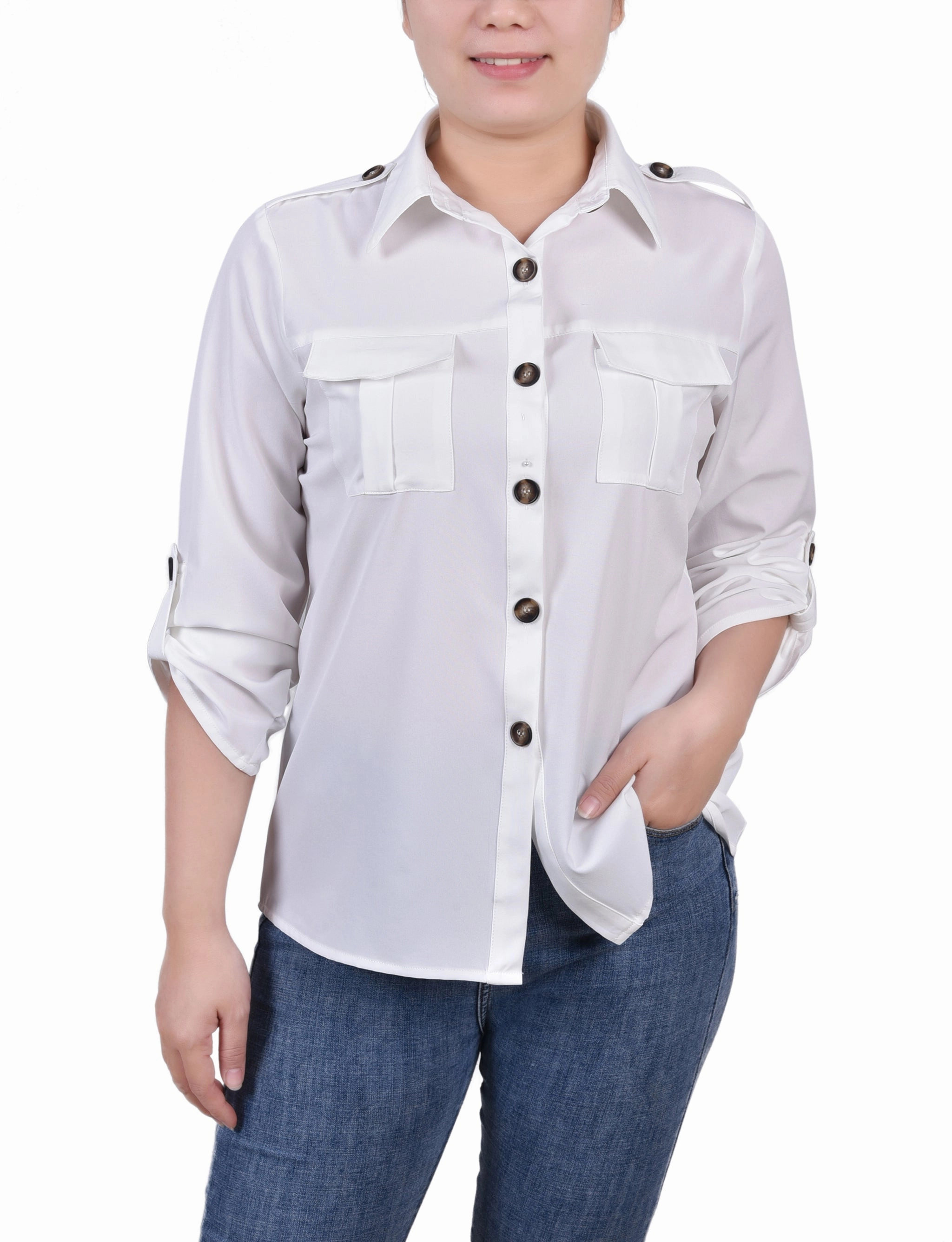 Petite 3/4 Sleeve Roll Tab Blouse Linen Blend Fabric DoubleStitched Hemming