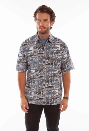 Scully Mens Hawaiian Island Midnight Sky 100% Cotton S/S Shirt Smooth Seam Finish Earthy Hue