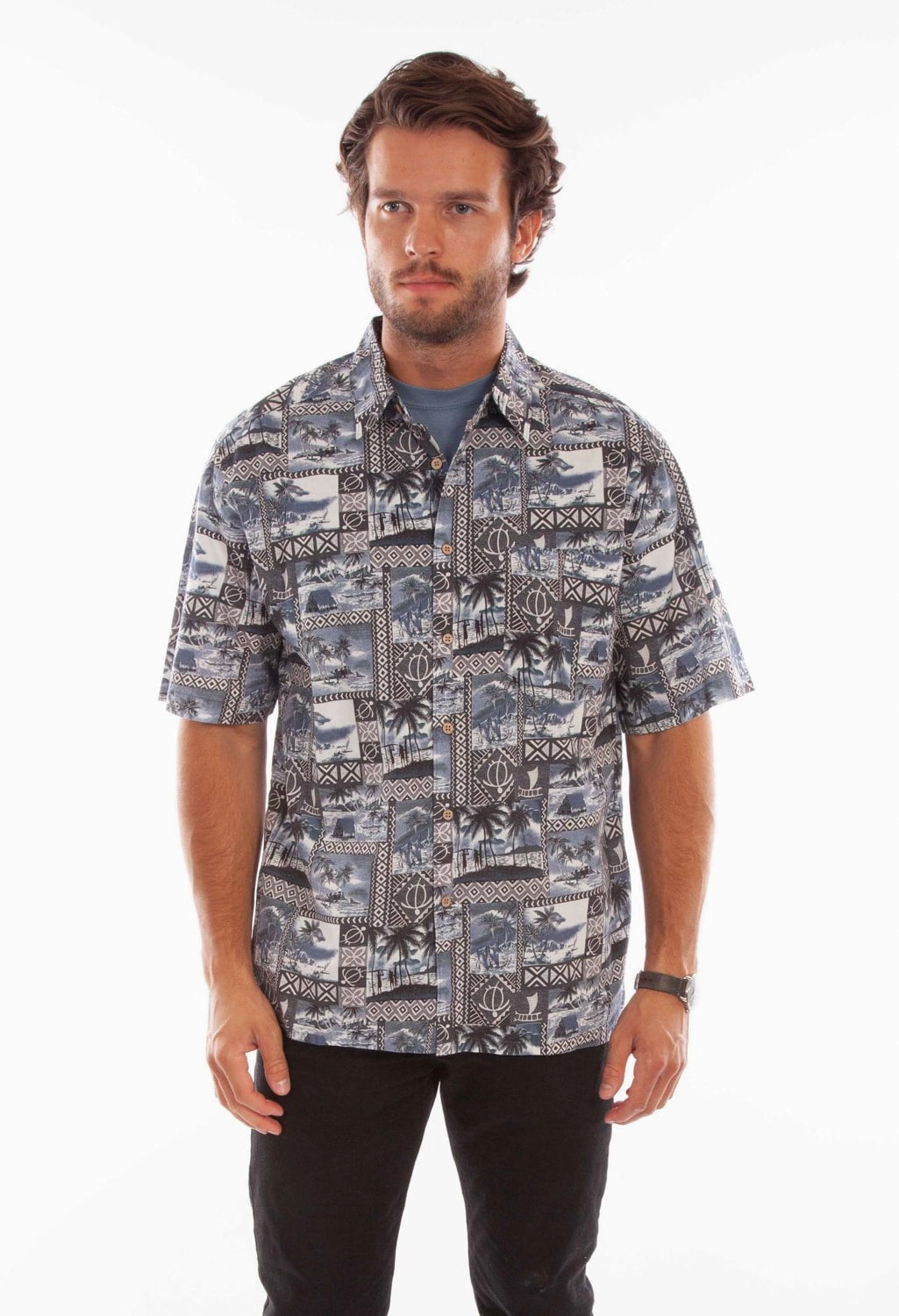 Scully Mens Hawaiian Island Midnight Sky 100% Cotton S/S Shirt Flex Fit Collar Non Irritating Tags