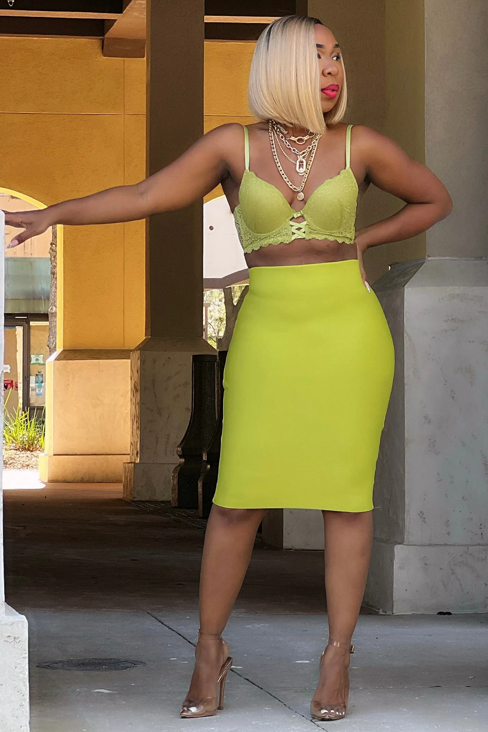 Robin Bandage Knit Pencil Skirt-Chartreuse soft fit Durable Design