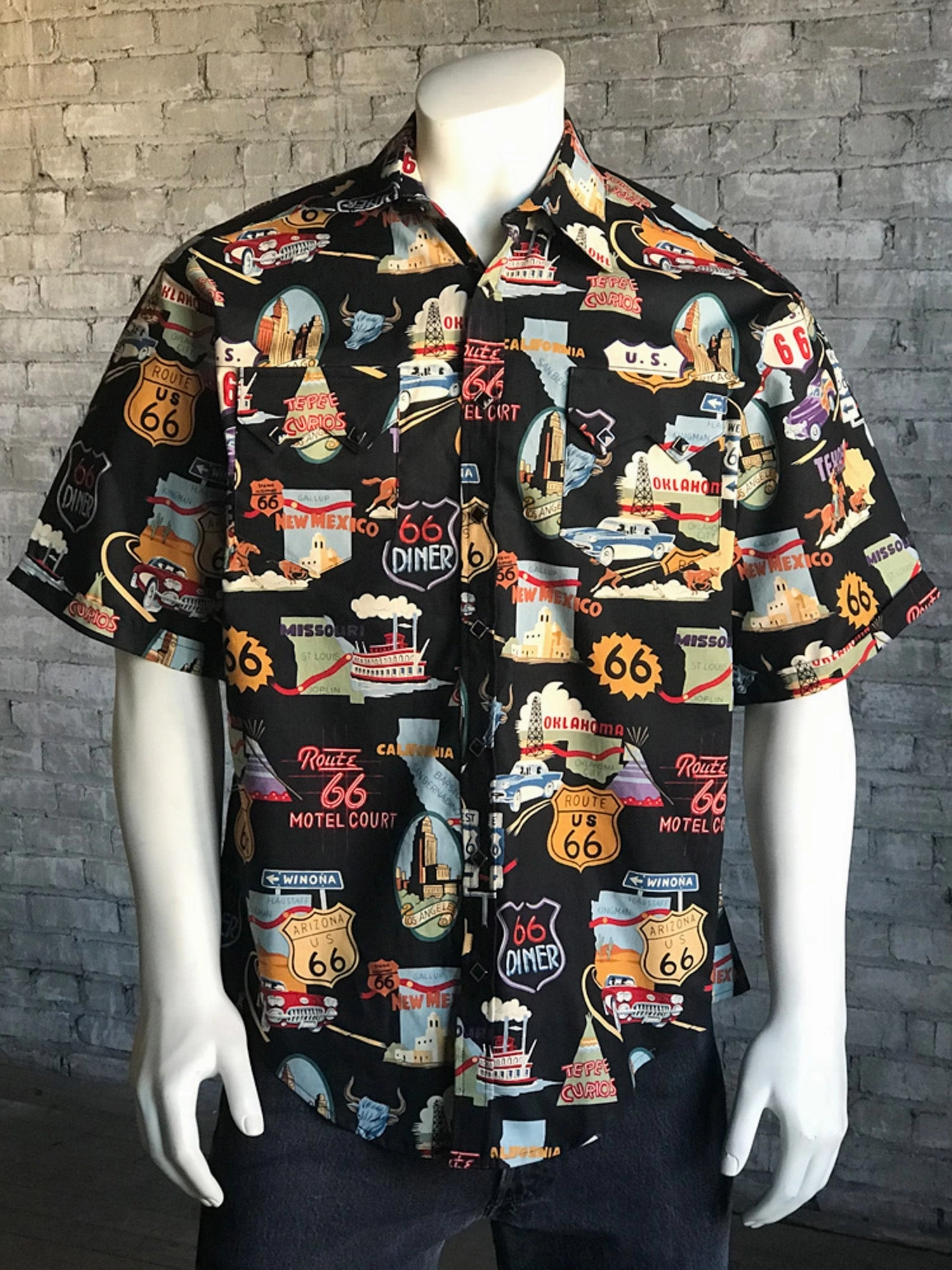 City Exploration Trendy Vibes Rockmount Mens Black 100% Cotton Route 66 Western S/S Shirt