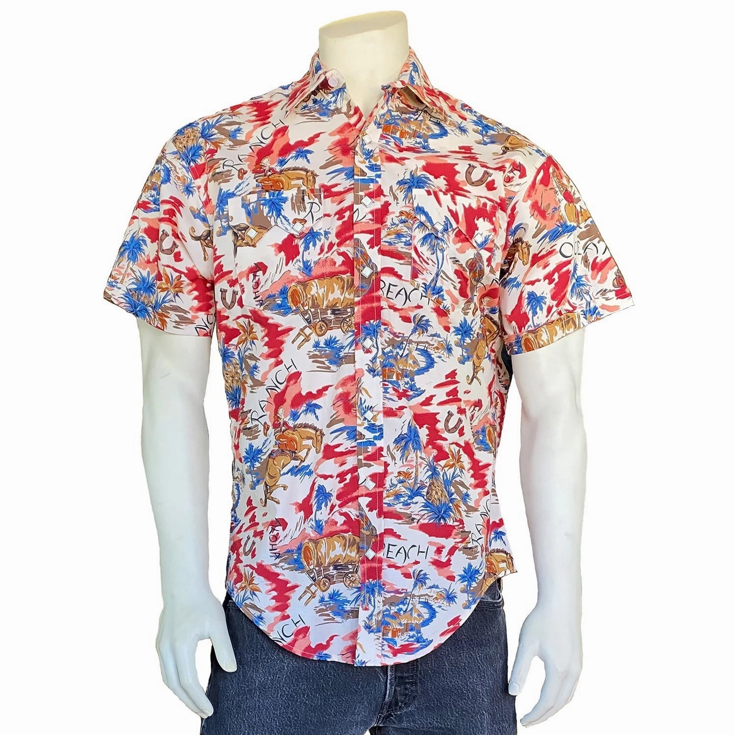 Rockmount Mens Hawaiian Print Red 100% Cotton S/S Shirt Functional Fashion