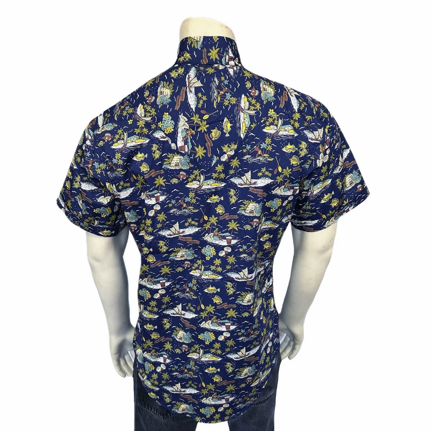 Rockmount Mens Hawaiian Print Western Blue 100% Cotton S/S Shirt Anti Static Treatment
