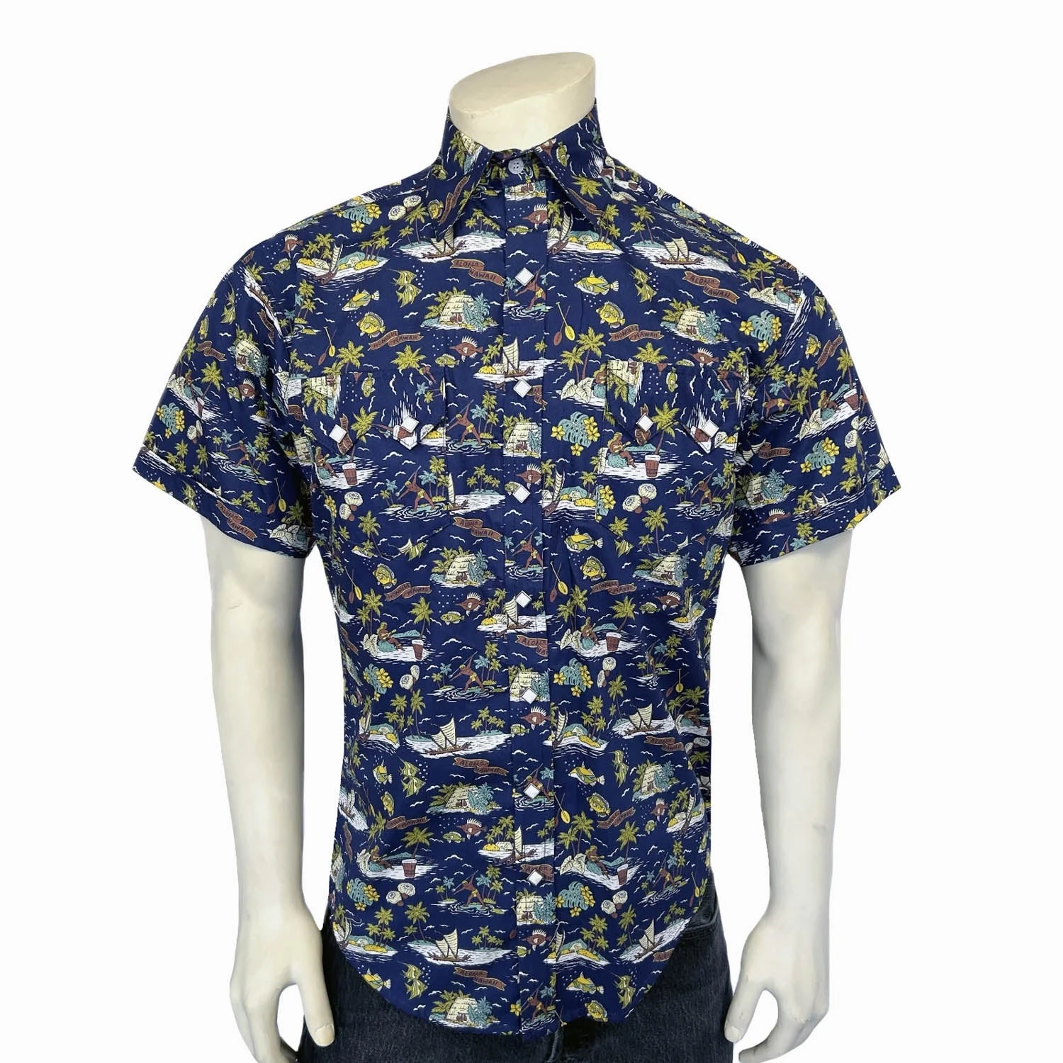 Versatile Styling Rockmount Mens Hawaiian Print Western Blue 100% Cotton S/S Shirt