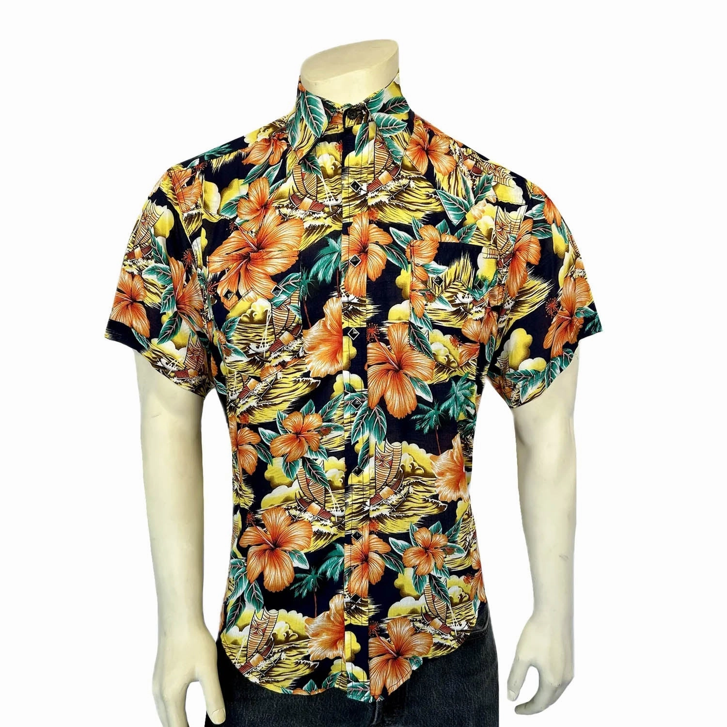 Fashion Forward No Chafe Edging Rockmount Mens Hawaiian Print Western Orange 100% Rayon S/S Shirt
