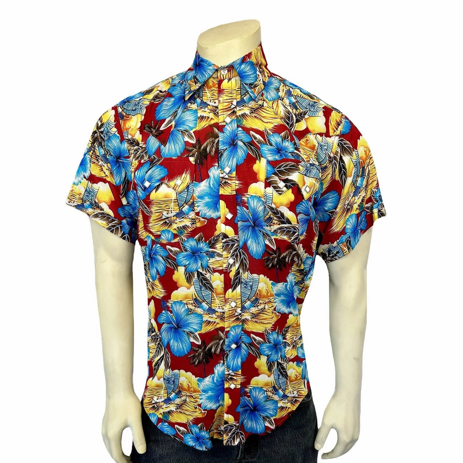 Youthful Appeal Rockmount Mens Hawaiian Print Western Red 100% Rayon S/S Shirt
