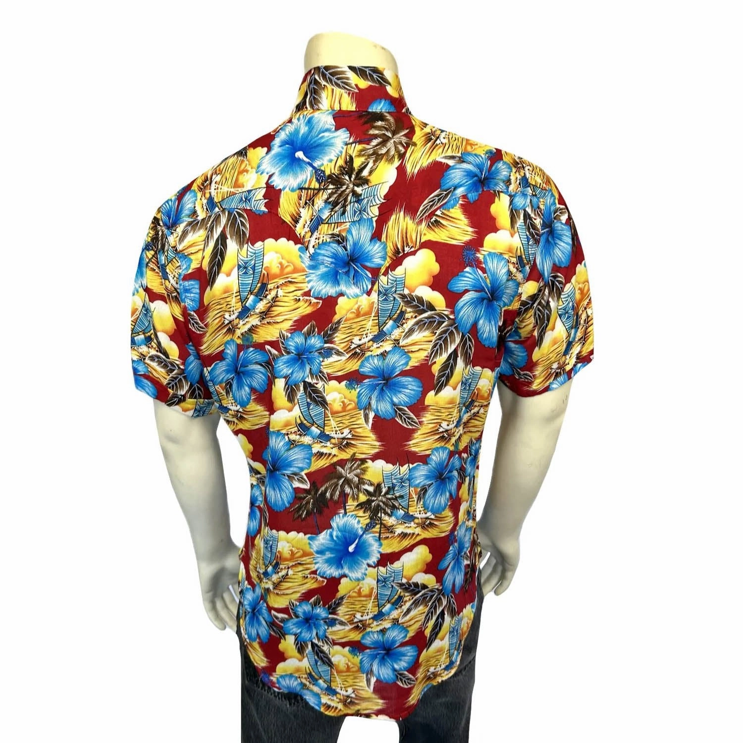 Rockmount Mens Hawaiian Print Western Red 100% Rayon S/S Shirt Picnic Outfit Checkered Look