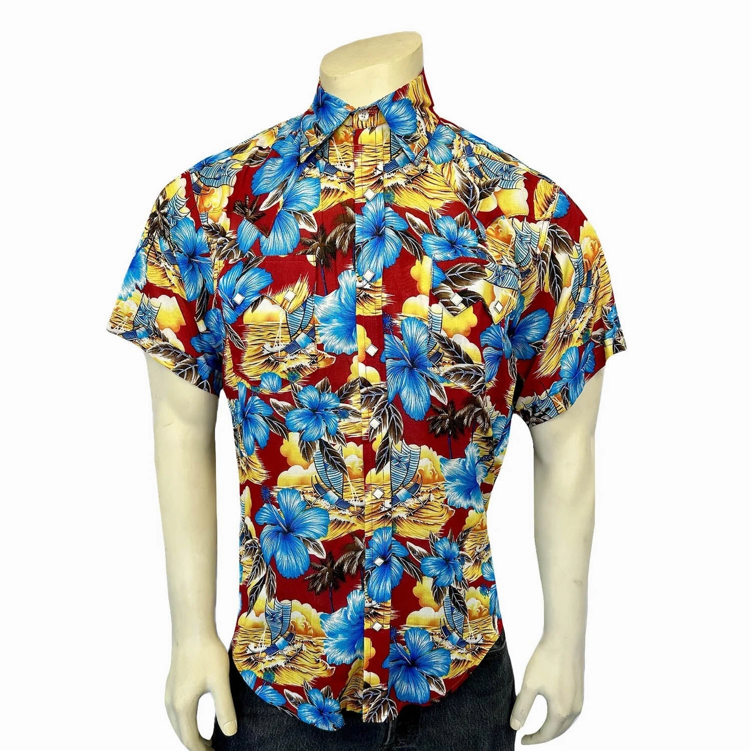 Rockmount Mens Hawaiian Print Western Red 100% Rayon S/S Shirt Relaxed Style