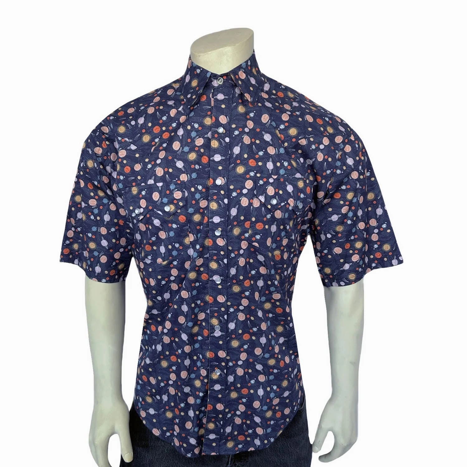 Coffee Run Cocktail Event Rockmount Mens Solar System Print Navy 100% Cotton S/S Shirt