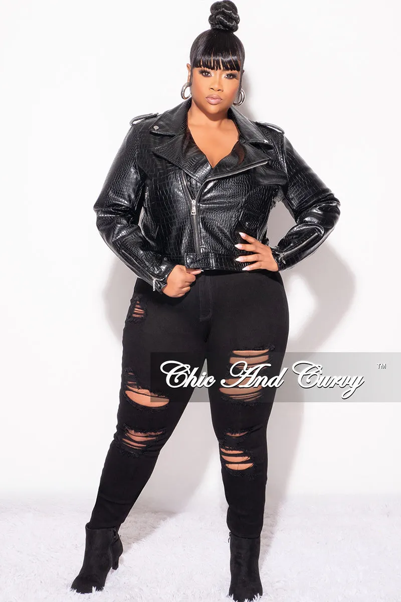 NonIrritatingSeams Core Style Final Sale Plus Size Heavy Crocodile Cropped & Belted Vegan Leather Jacket in Black