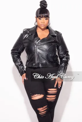 Final Sale Plus Size Heavy Crocodile Cropped & Belted Vegan Leather Jacket in Black Flex Fit ElasticWaistband