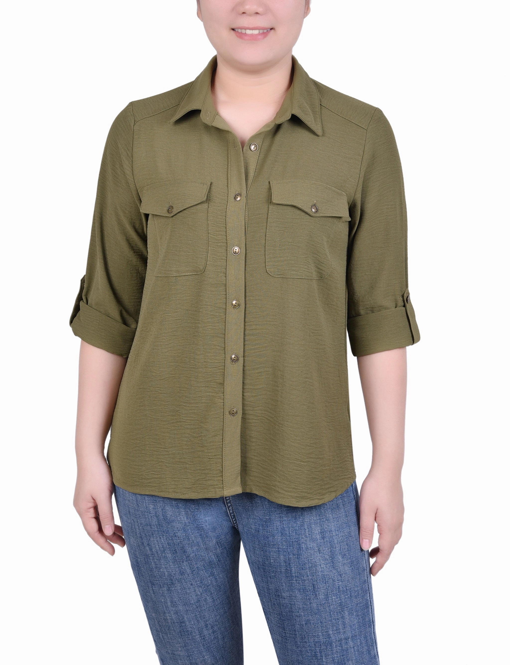 Roll Tab Blouse Everyday Comfort Printed T-shirt