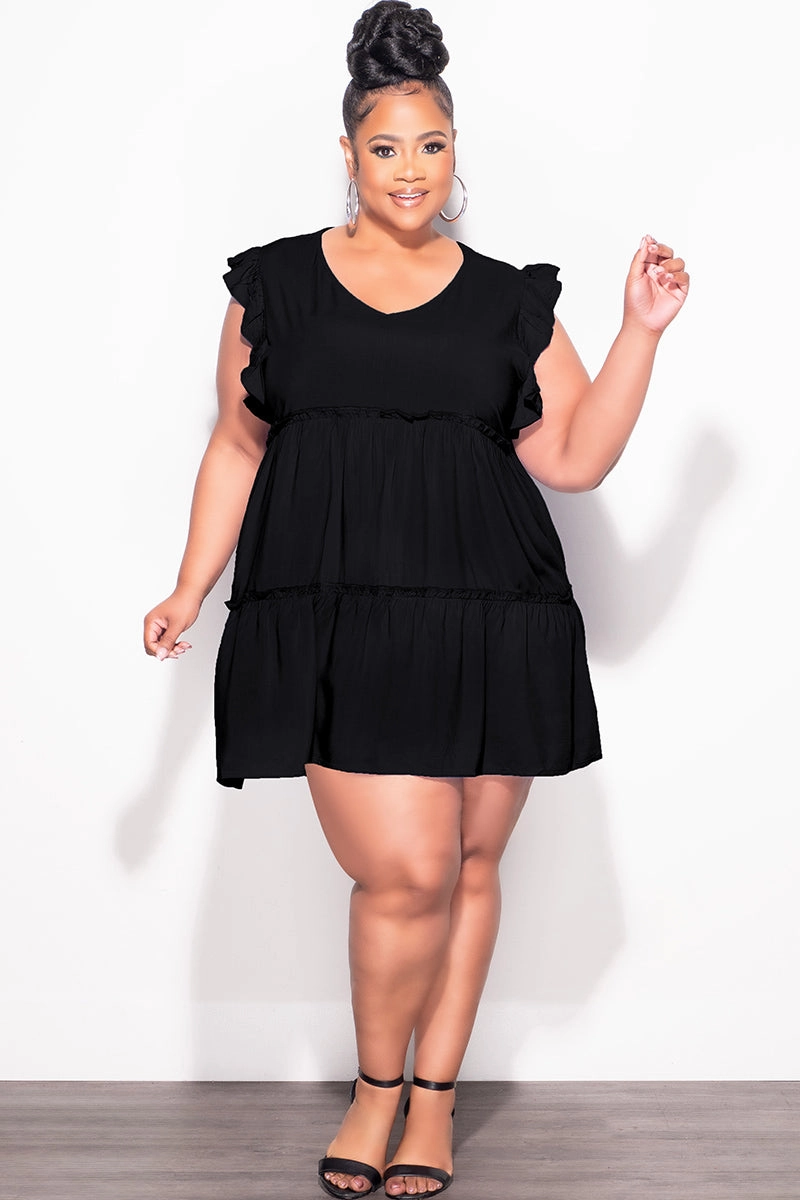 Movement Ready Fit Final Sale Plus Size Ruffle Sleeve 3-Tiered Baby Doll Dress in Black (Rayon Not Stretchy)