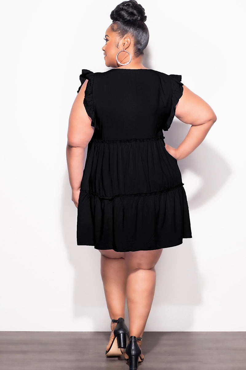 Final Sale Plus Size Ruffle Sleeve 3-Tiered Baby Doll Dress in Black (Rayon Not Stretchy) No Iron All Season Wear