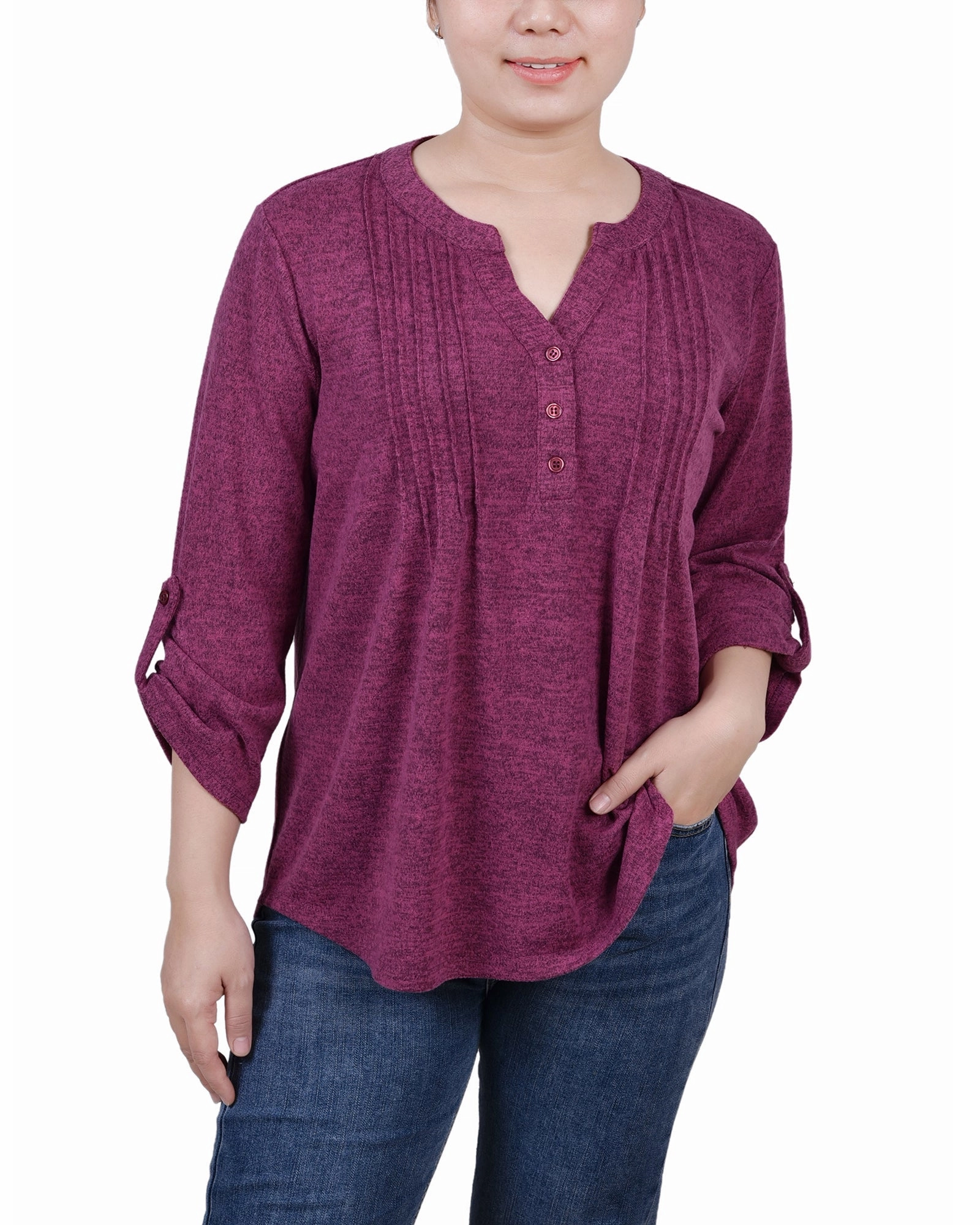 Multipanel Construction WrinkleResistant 3/4 Roll Tab Sleeve Y Neck Top