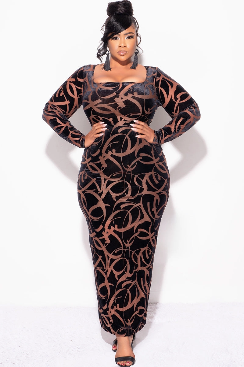 Final Sale Plus Size Velour Sheer Mesh Panel Dress in Brown and Black OdorResistantFinish