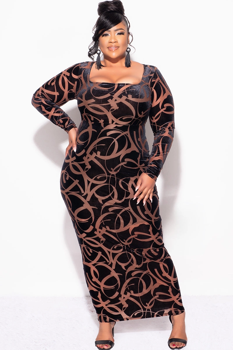 Non Binding Waist Final Sale Plus Size Velour Sheer Mesh Panel Dress in Brown and Black