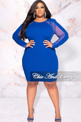 Sport Flex Final Sale Plus Size Rhinestone Sheer Sleeve BodyCon Dress in Royal Blue