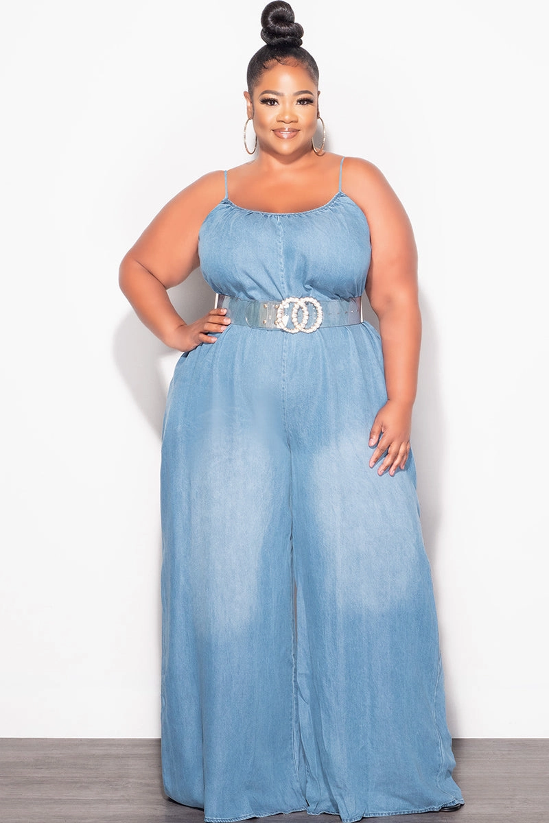 Final Sale Plus Size Sleeveless Chambray Jumpsuit in Denim Color Snag Resistant Fabric Non Iron Technology