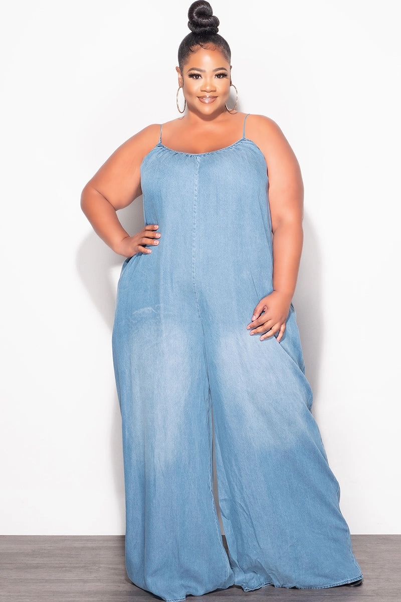Cooling Fabric Final Sale Plus Size Sleeveless Chambray Jumpsuit in Denim Color
