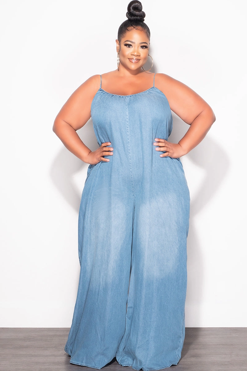 Final Sale Plus Size Sleeveless Chambray Jumpsuit in Denim Color Practical Wear Water Repellent Coating