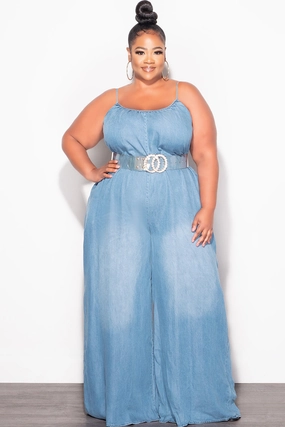 Final Sale Plus Size Sleeveless Chambray Jumpsuit in Denim Color Snag Resistant Fabric Non Iron Technology