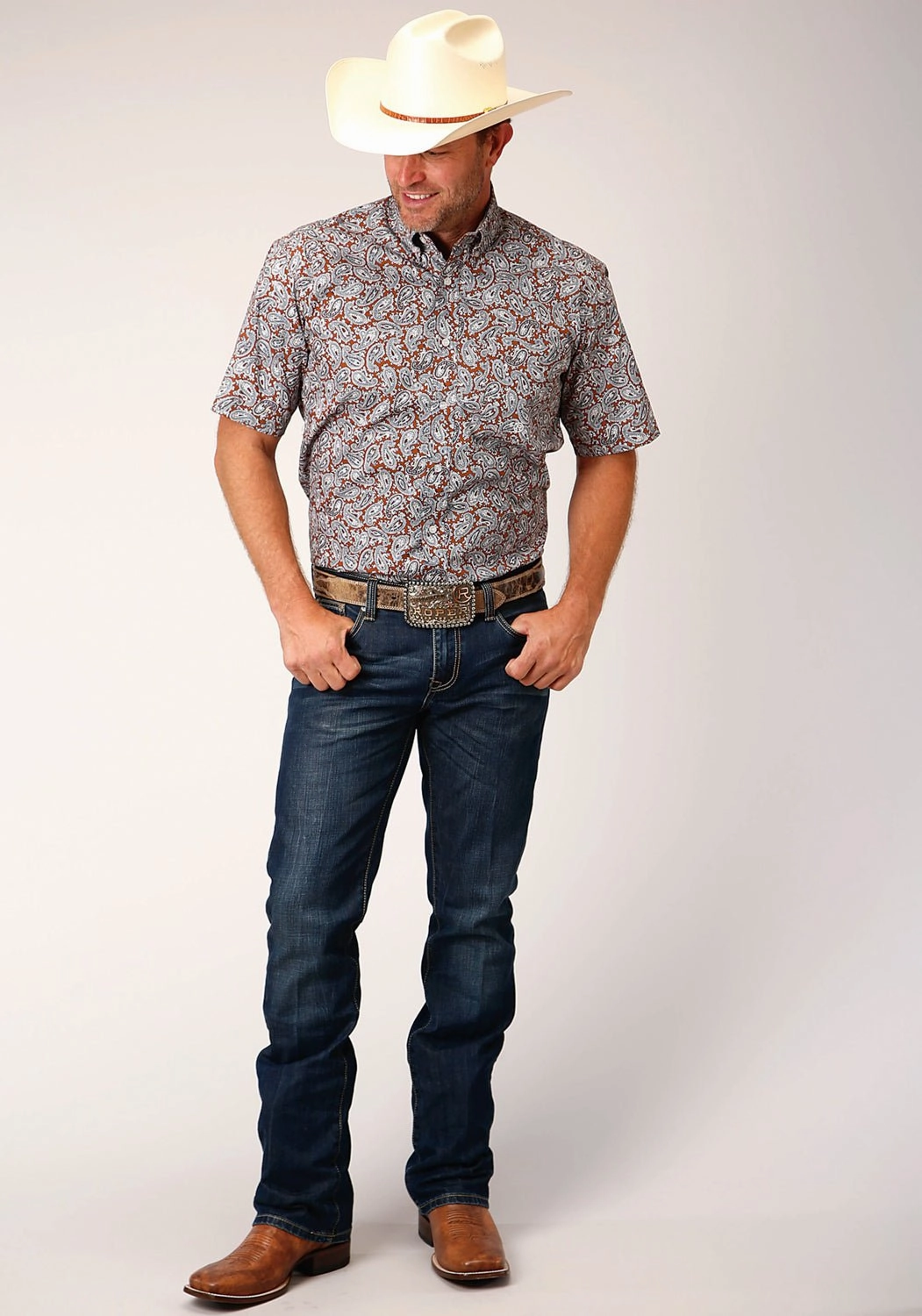 Roper Mens 1453 Copper Spring Orange 100% Cotton 1 Pkt S/S Shirt Moisture wicking