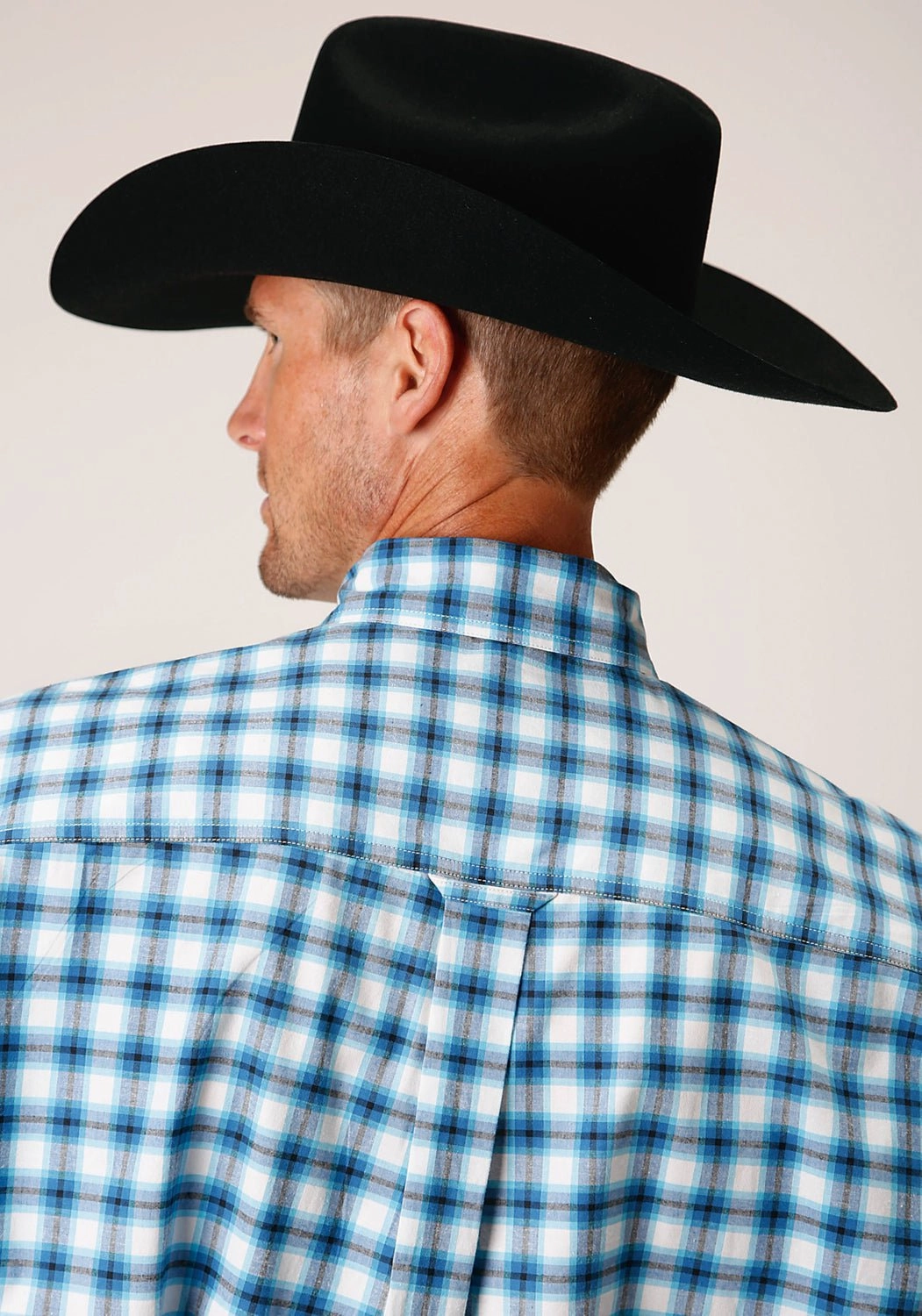 Workwear Approved Roper Mens 1459 Stretch Check Blue Cotton Blend 1 Pkt S/S Shirt