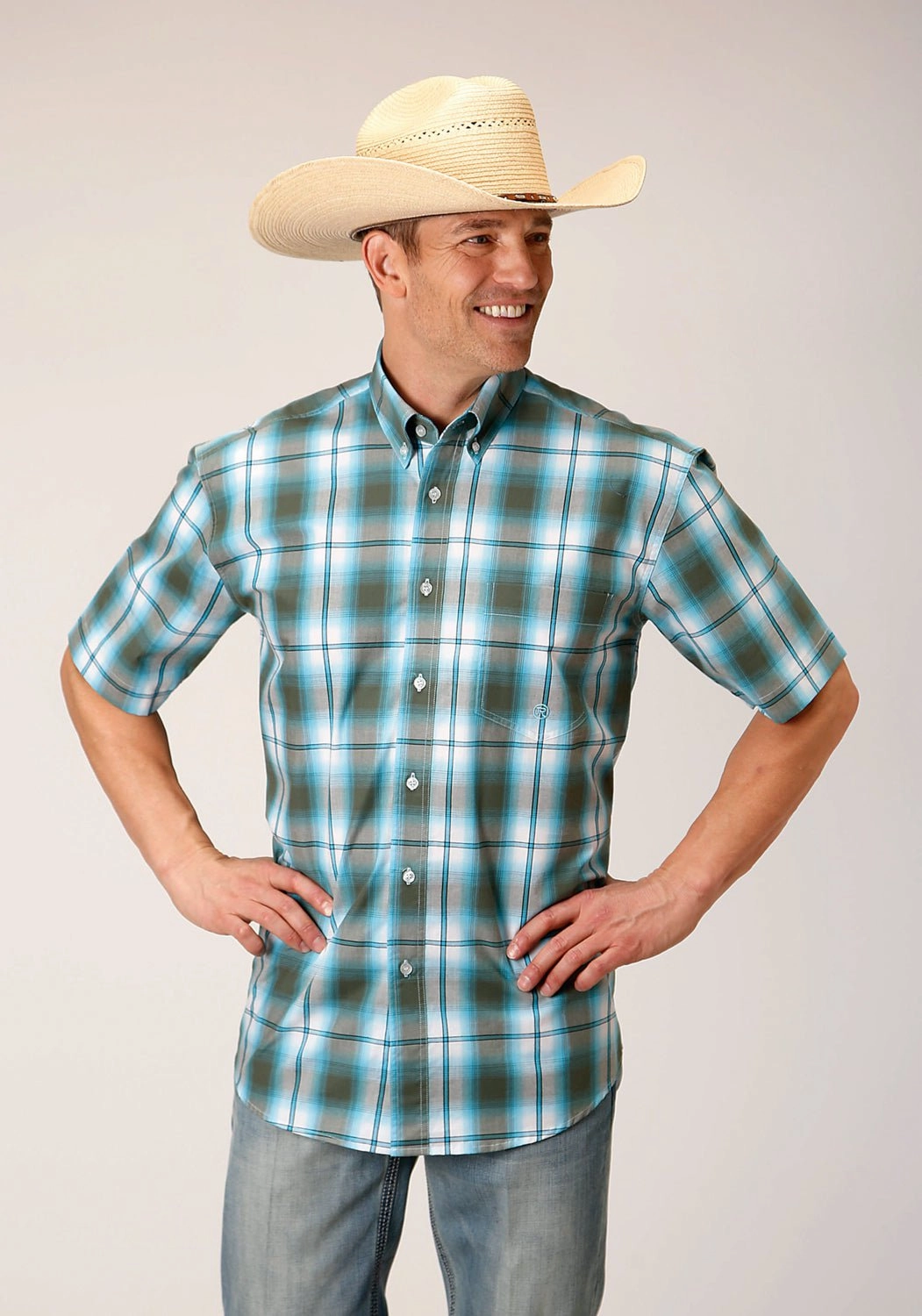 Roper Mens 1555 Meadow Plaid Green 100% Cotton 1 Pkt S/S Shirt Adjustable Hem