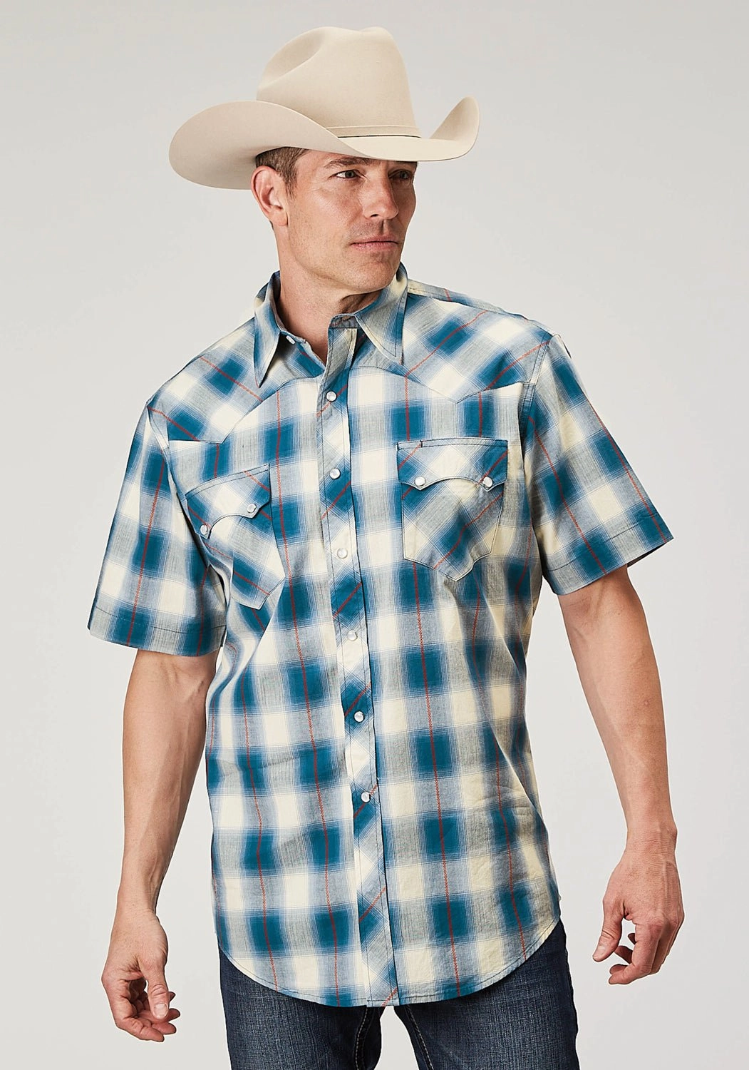 Polished Style Roper Mens 1892 Arrow Dobby Blue 100% Cotton S/S Shirt