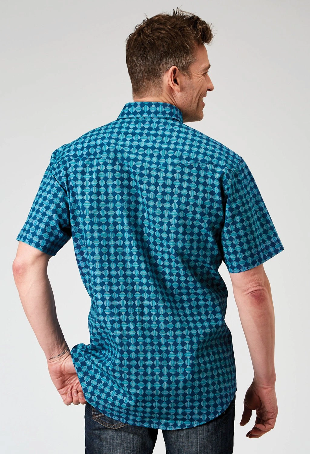 Roper Mens 1894 Scribble Blue 100% Cotton S/S Shirt Double Stitched Hems Warm Layers