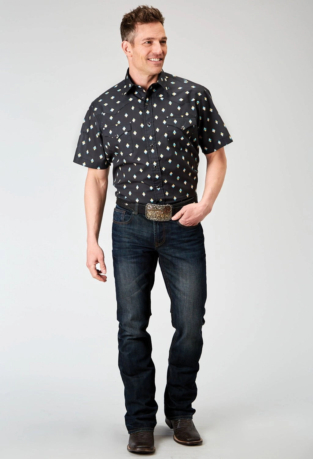 Perfect Fit Summer Fashion Roper Mens 1897 Ombre Aztec Black 100% Cotton S/S Shirt