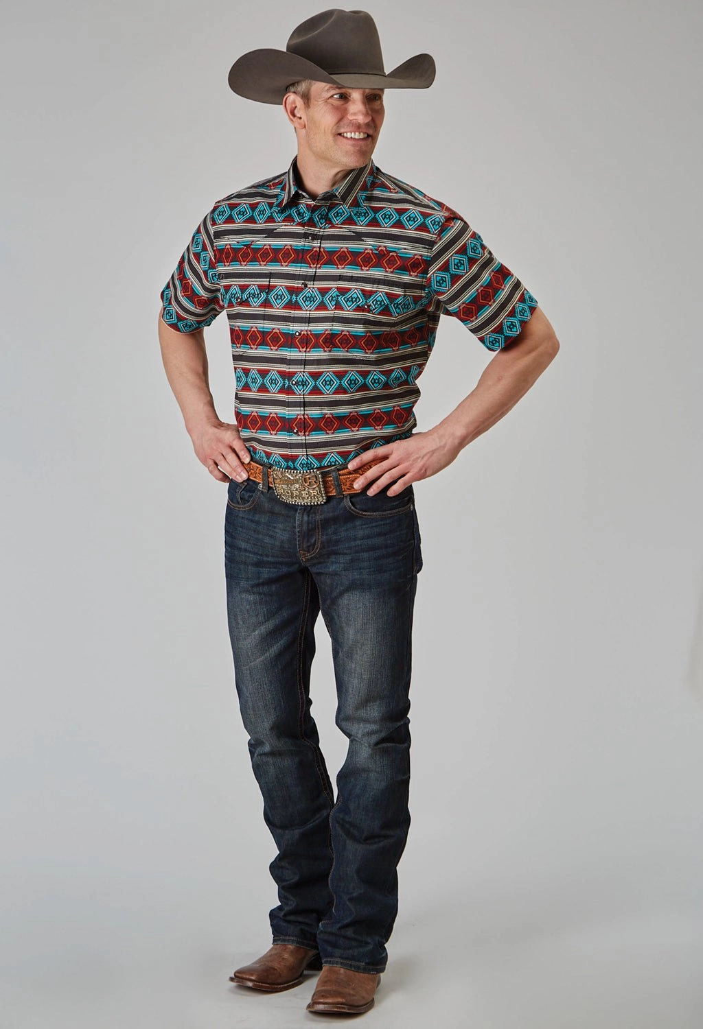 Roper Mens 1898 Aztec Stripe Red 100% Cotton S/S Shirt Errand Ready Tagless Labeling