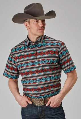 Regular Fit Roper Mens 1898 Aztec Stripe Red 100% Cotton S/S Shirt