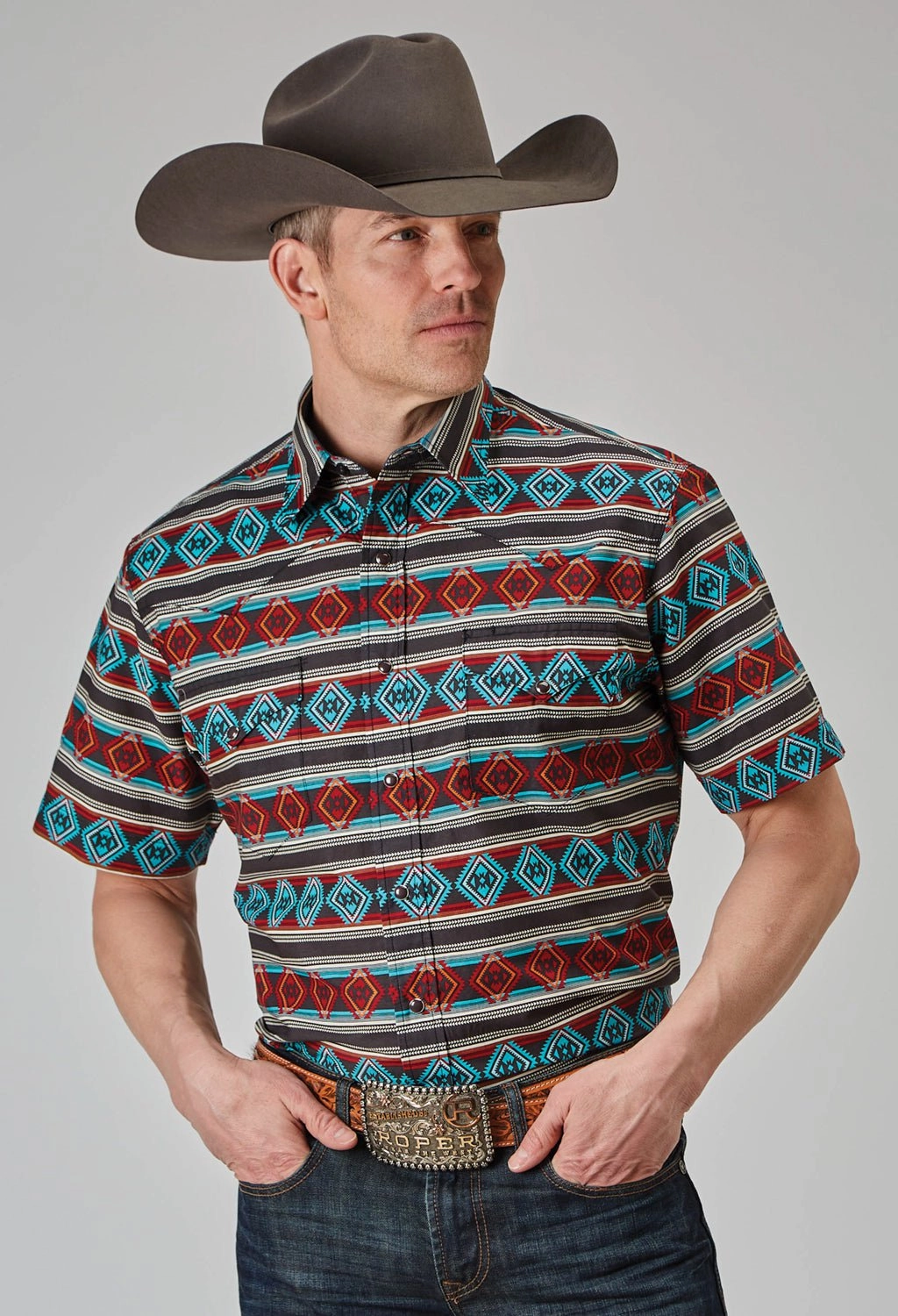 All Purpose Weave Design Roper Mens 1898 Aztec Stripe Red 100% Cotton S/S Shirt