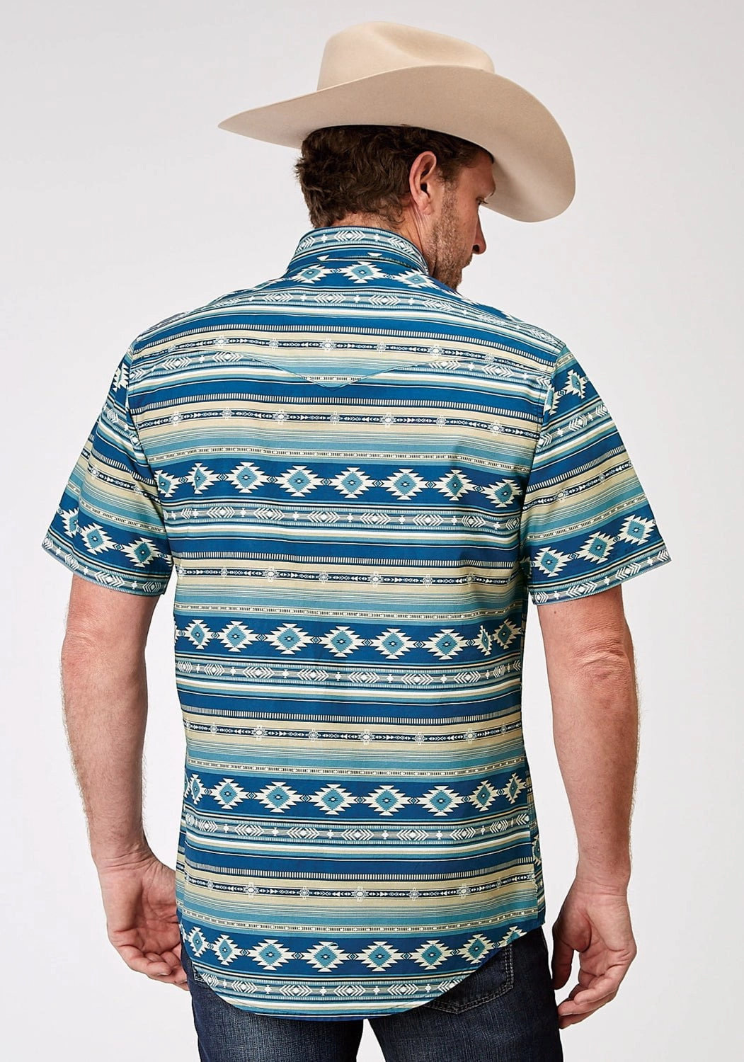 Roper Mens 1899 Aztec Blanket Blue 100% Cotton S/S Shirt Loose style