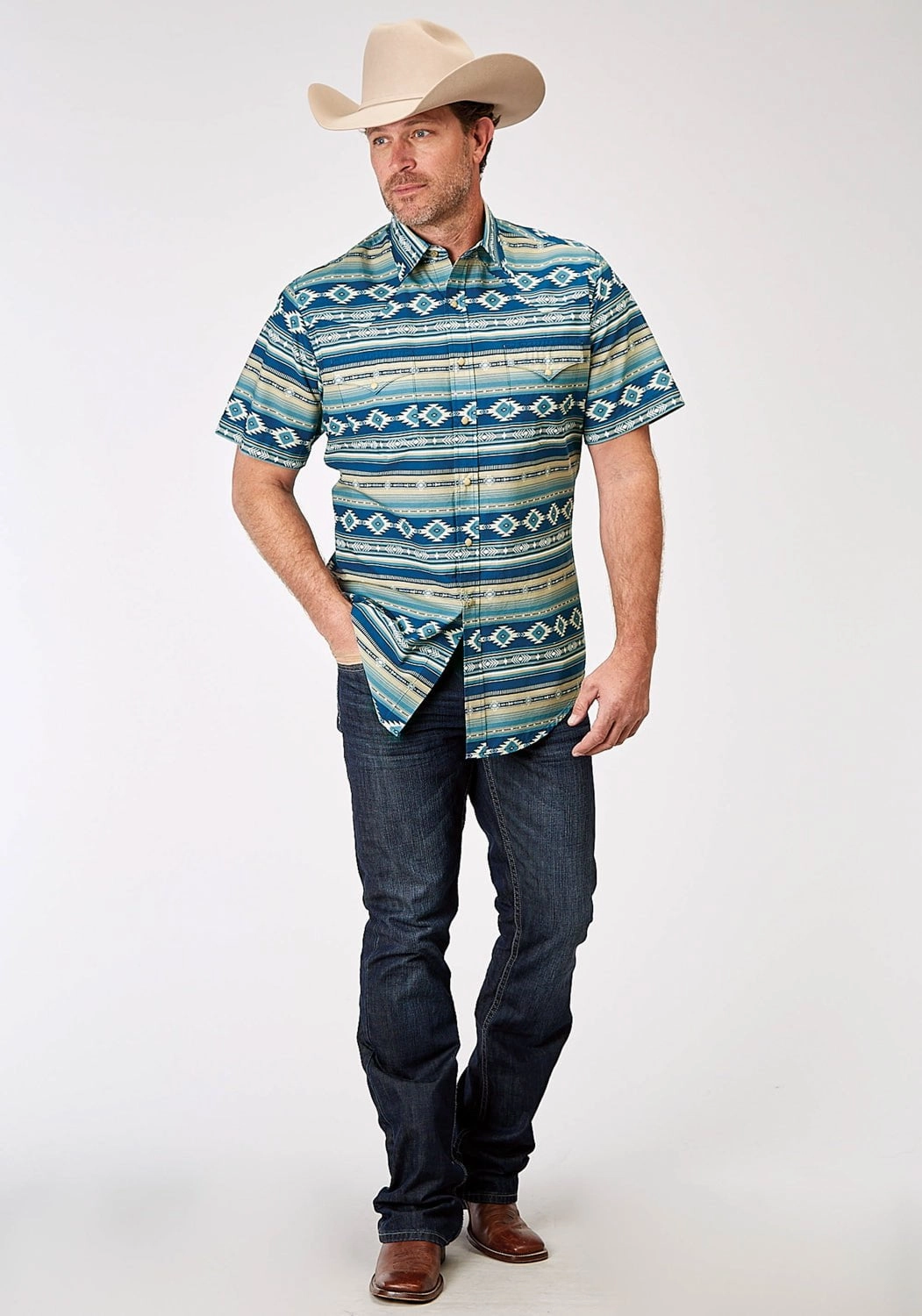 Roper Mens 1899 Aztec Blanket Blue 100% Cotton S/S Shirt Indoor Comfort Flexible Mobility