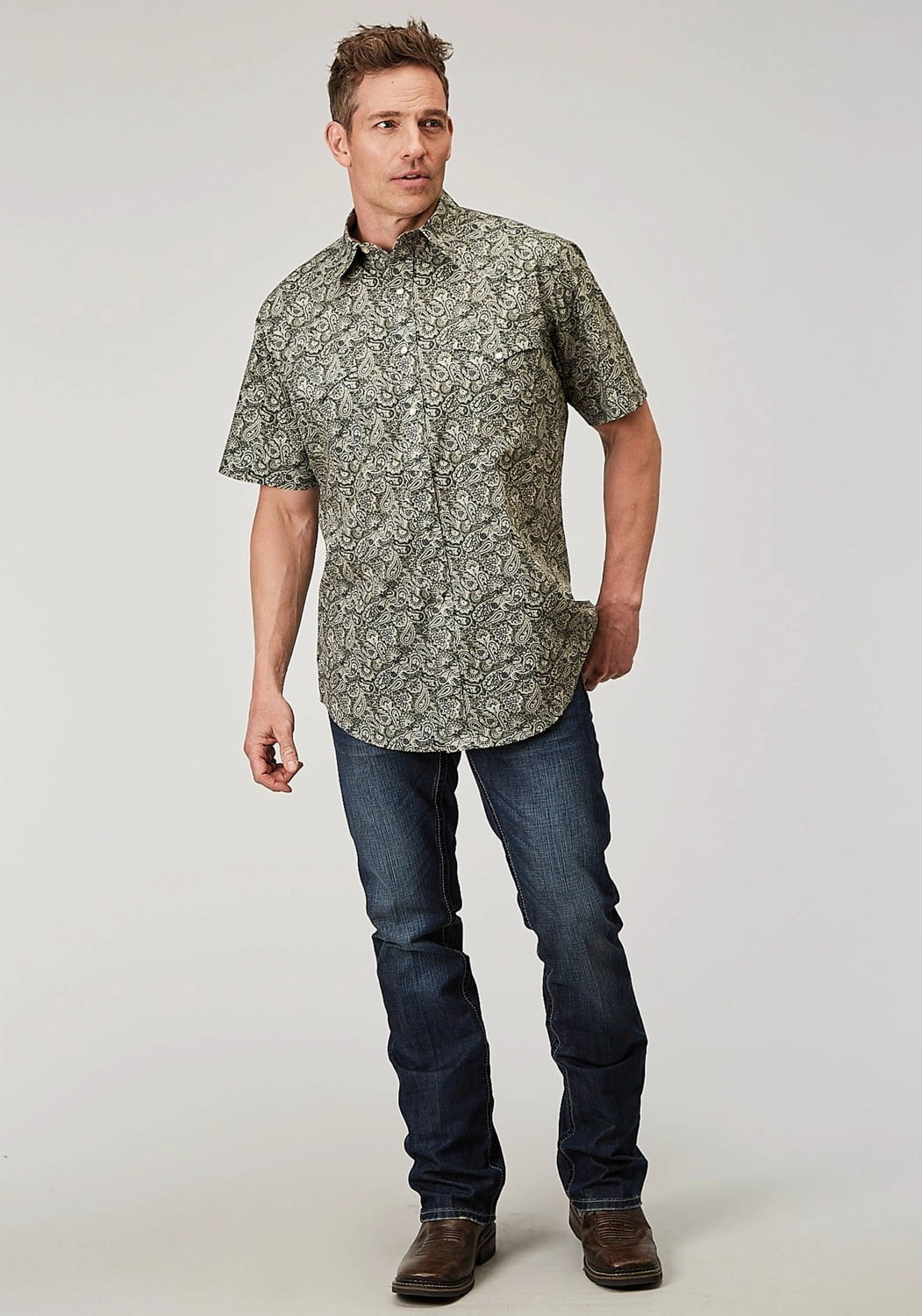 Retro Vibe Tailored Cuffs Roper Mens 1901 Estampa Paisley Green 100% Cotton S/S Shirt