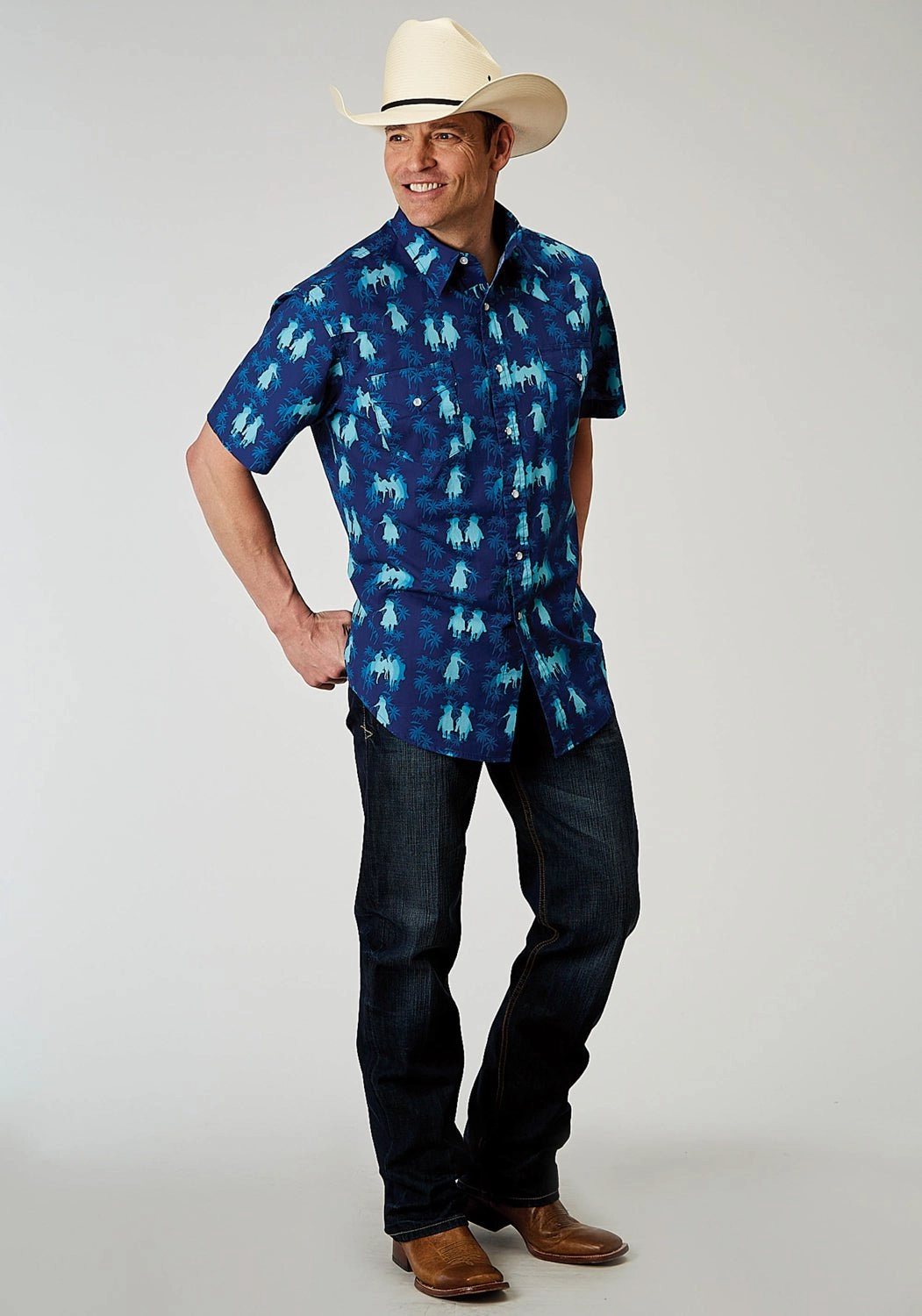 Roper Mens 1907 Hawaiian Ombre Blue 100% Cotton S/S Shirt Seamless construction Bold Graphics