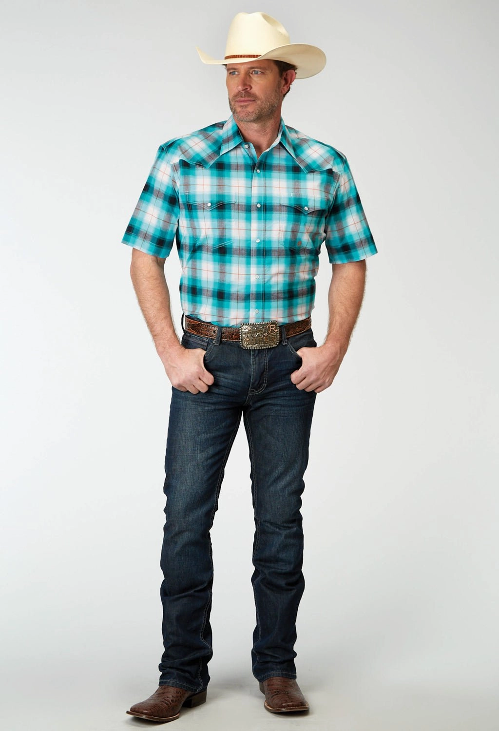 Rugged Style Polished Look Roper Mens 1945 Stretch Poplin Turquoise Cotton Blend Plaid S/S Shirt