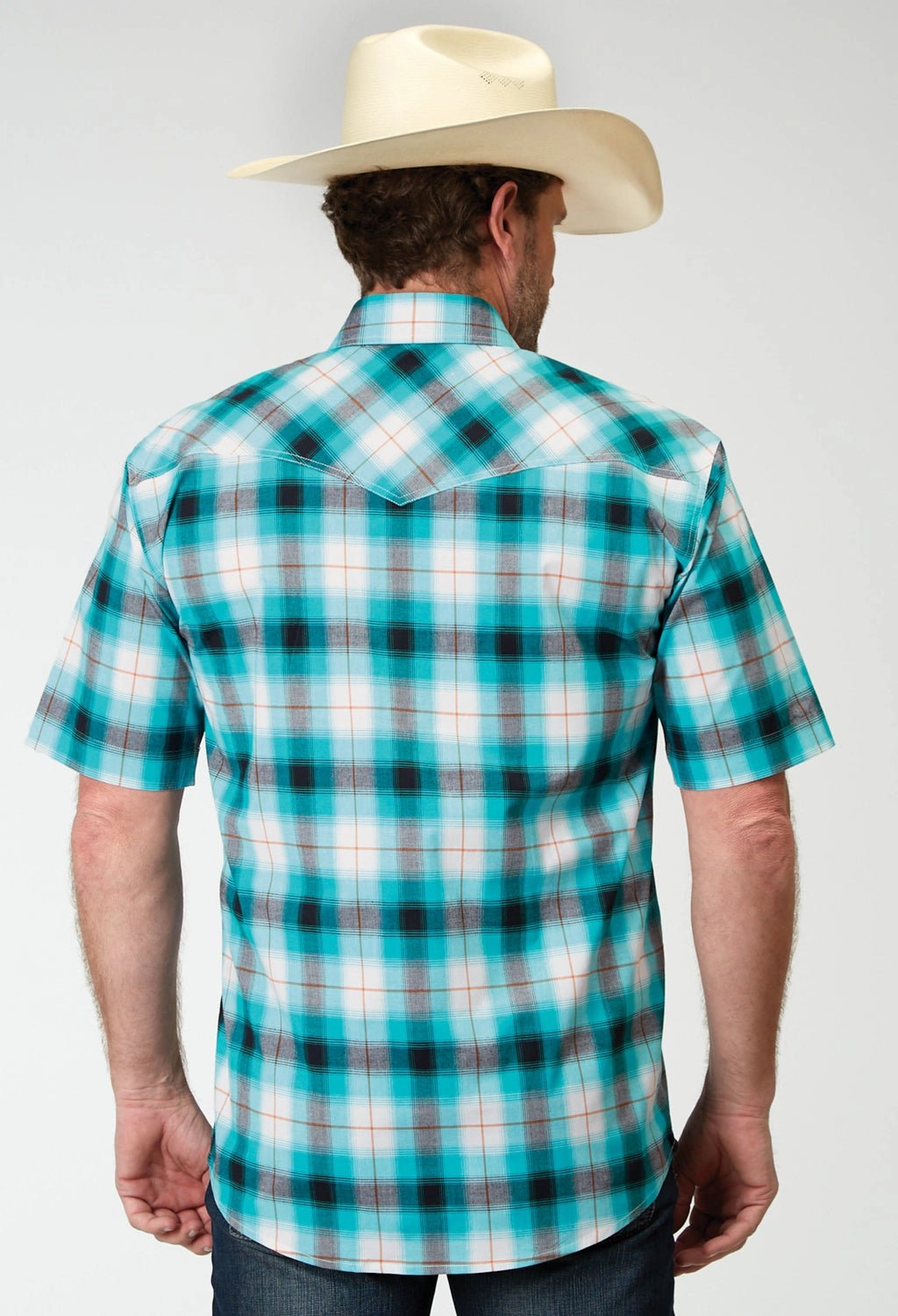 Loose Fit Roper Mens 1945 Stretch Poplin Turquoise Cotton Blend Plaid S/S Shirt