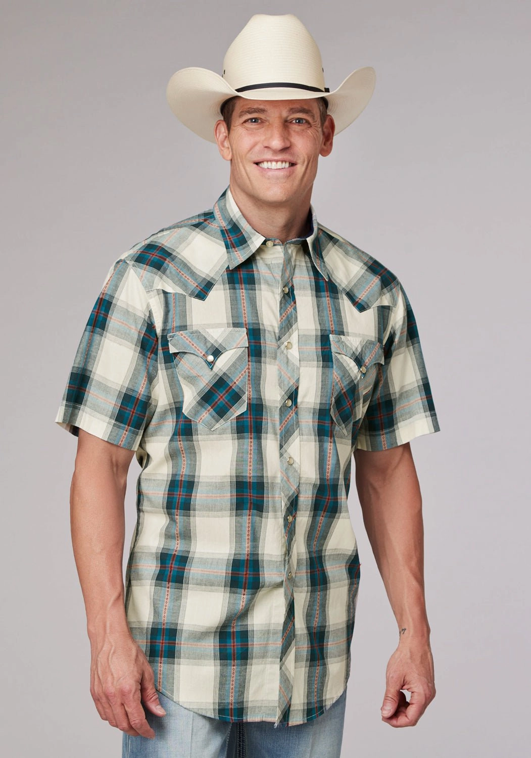 Versatile Outfit Roper Mens 2006 Tile Plaid Multi-Color 100% Cotton S/S Shirt