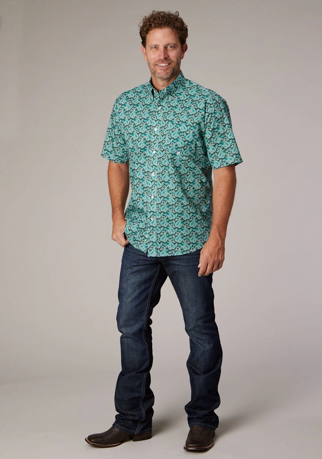 Roper Mens 2018 Paisley Jade 100% Cotton 1 Pkt S/S Shirt Luxurious Feel Geometric Print