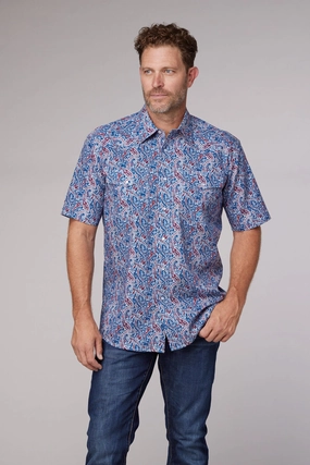 Roper Mens 2024 River Paisley Blue 100% Cotton S/S Shirt Bold Print Roll-Up Sleeve