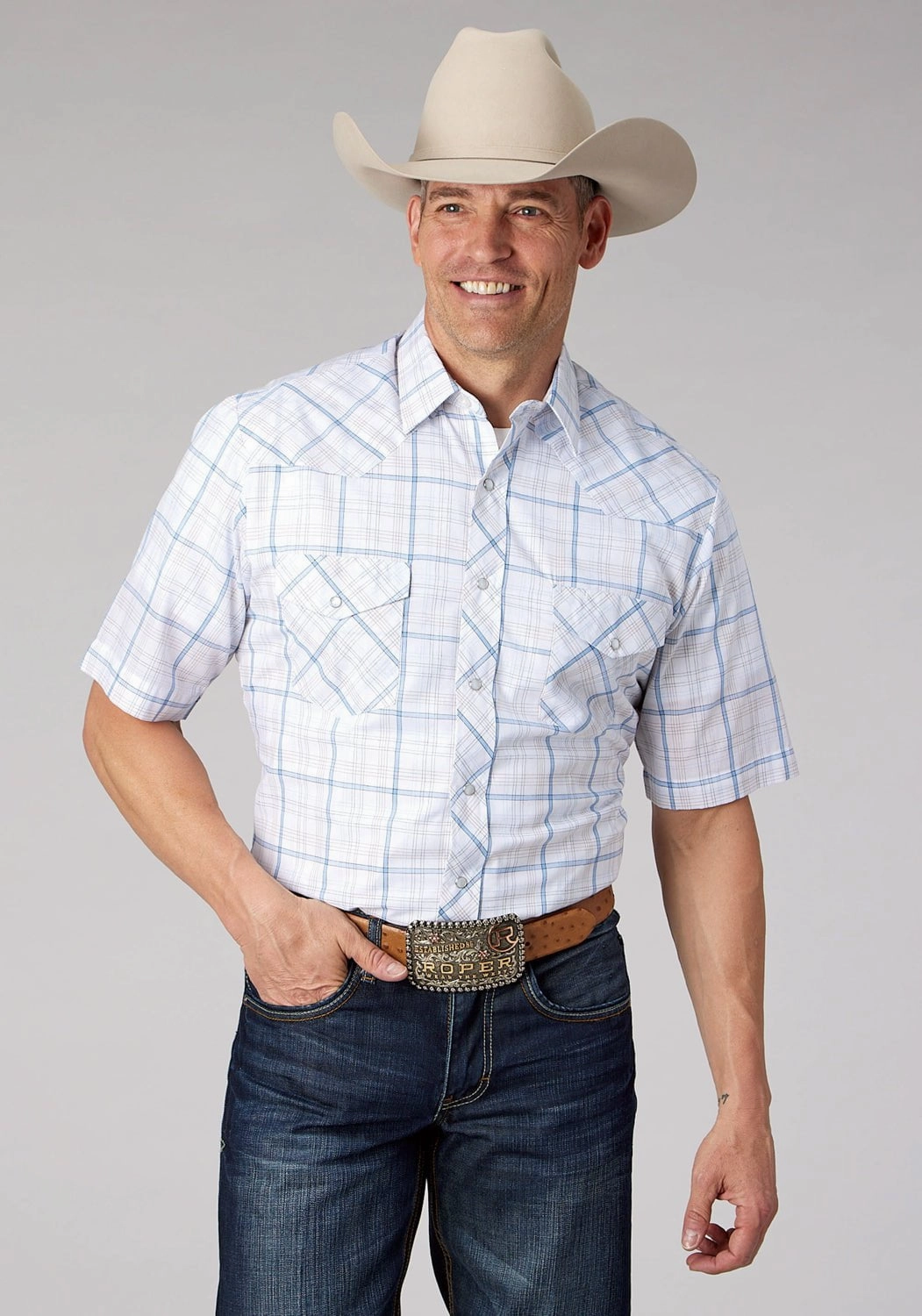 Roper Mens 2061 Windowpane Plaid White/Blue Cotton Blend S/S Shirt Urban Edge