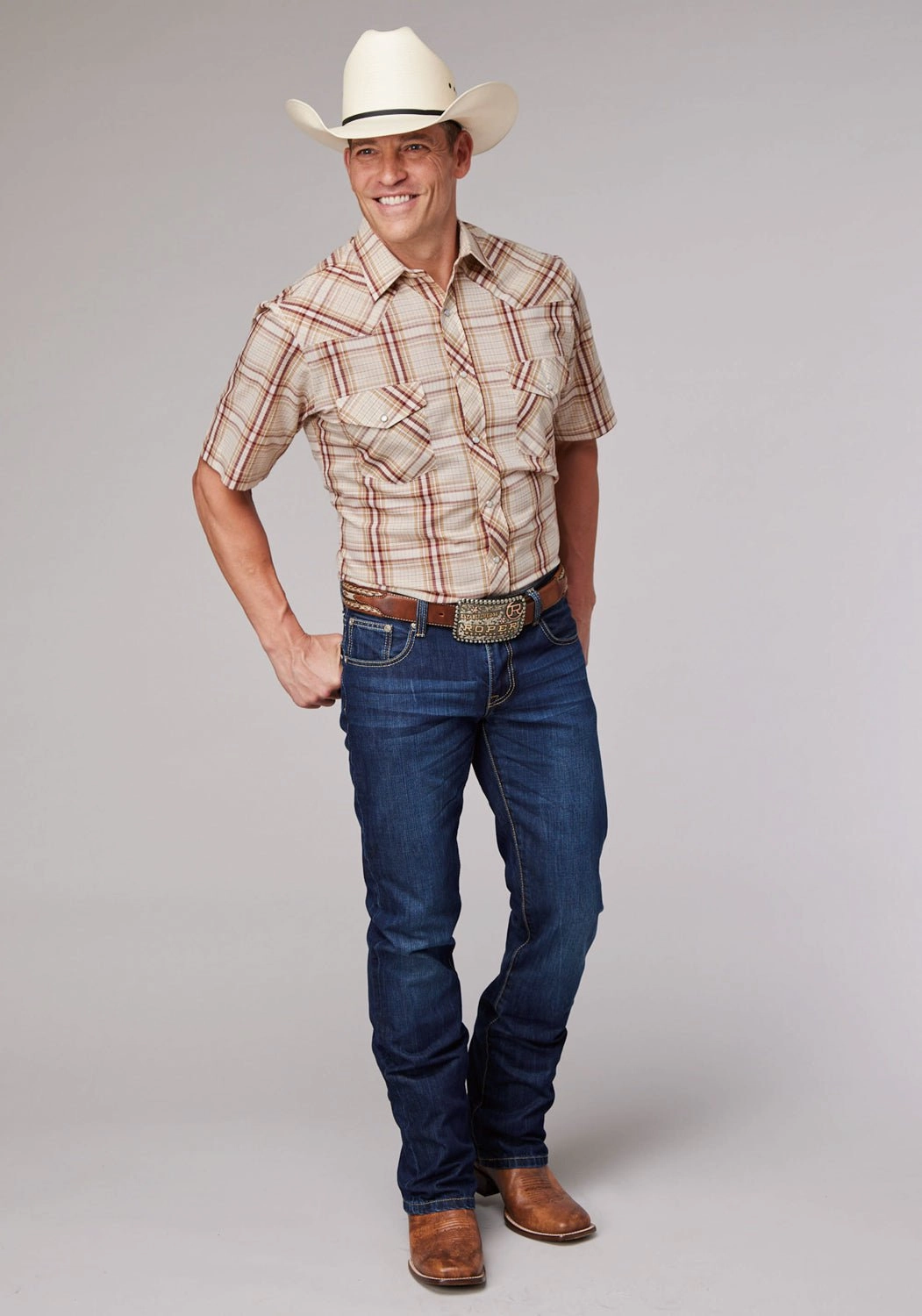 Classy Detail Fitted Shape Roper Mens 2063 Plaid Tan/Cream Cotton Blend S/S Shirt