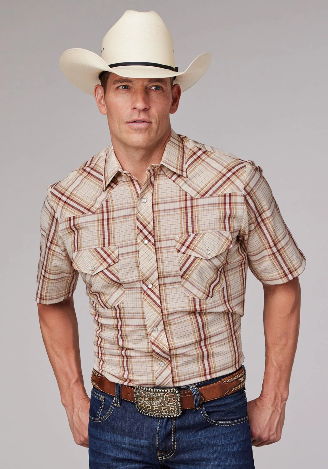 Roper Mens 2063 Plaid Tan/Cream Cotton Blend S/S Shirt Earthy Palette No Slip Shoulder Grips