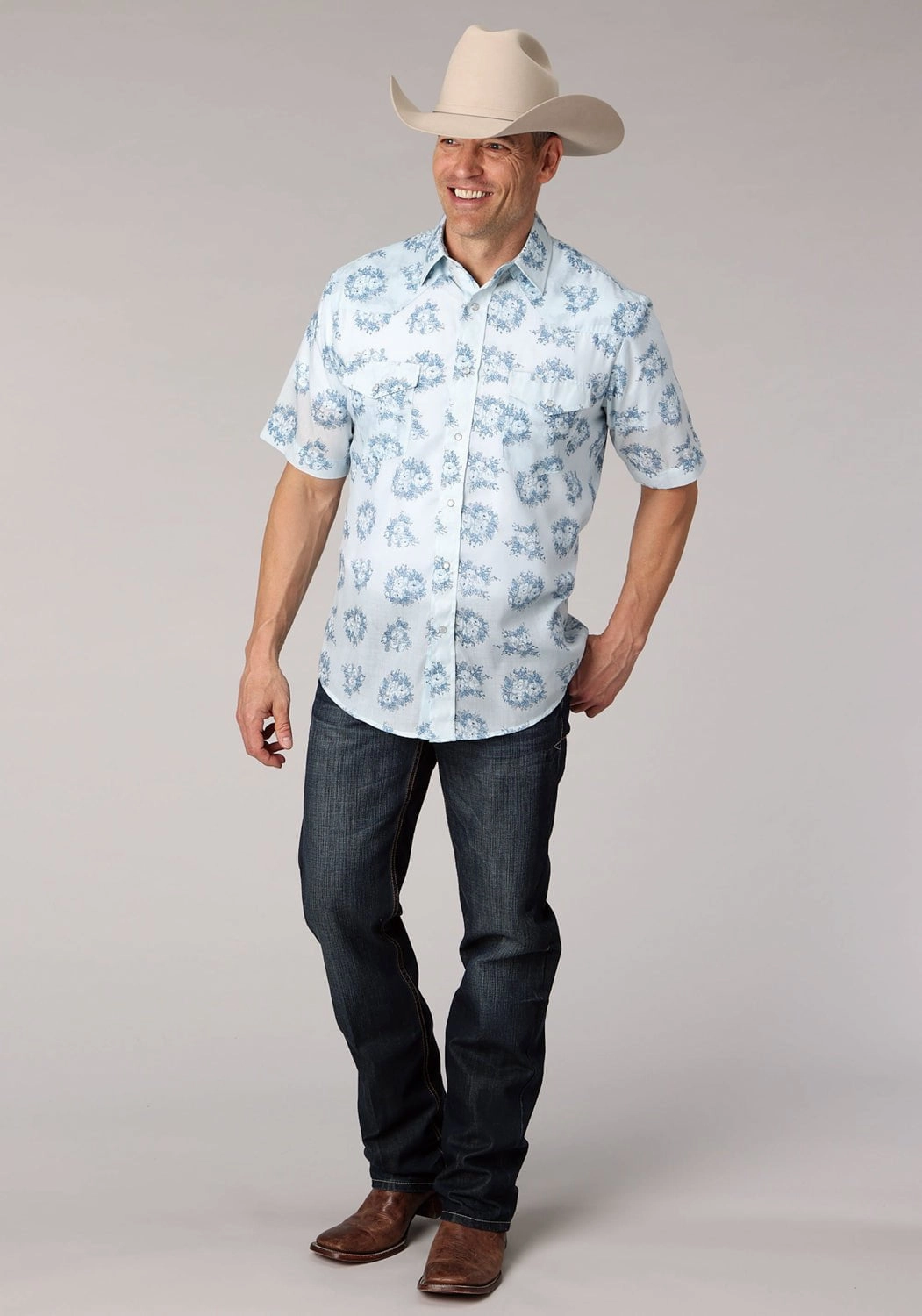 High-Quality Material Roll-Up Sleeve Roper Mens 2066 Multi Floral Blue Cotton Blend S/S Shirt