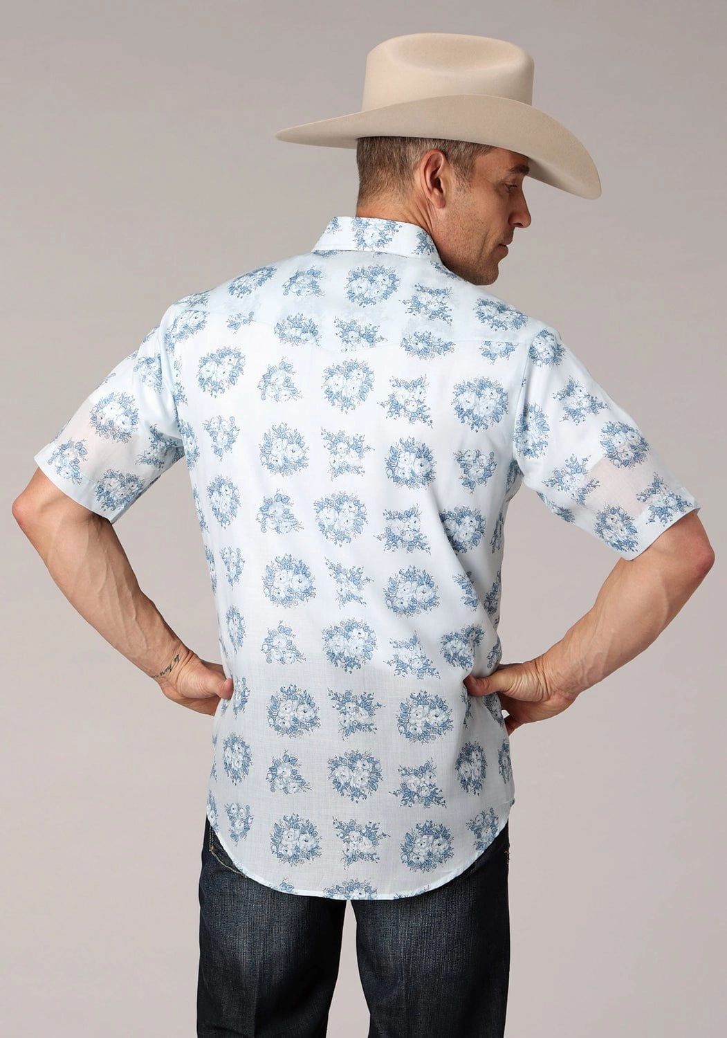 Roper Mens 2066 Multi Floral Blue Cotton Blend S/S Shirt Bold Graphics Hooded Neckline