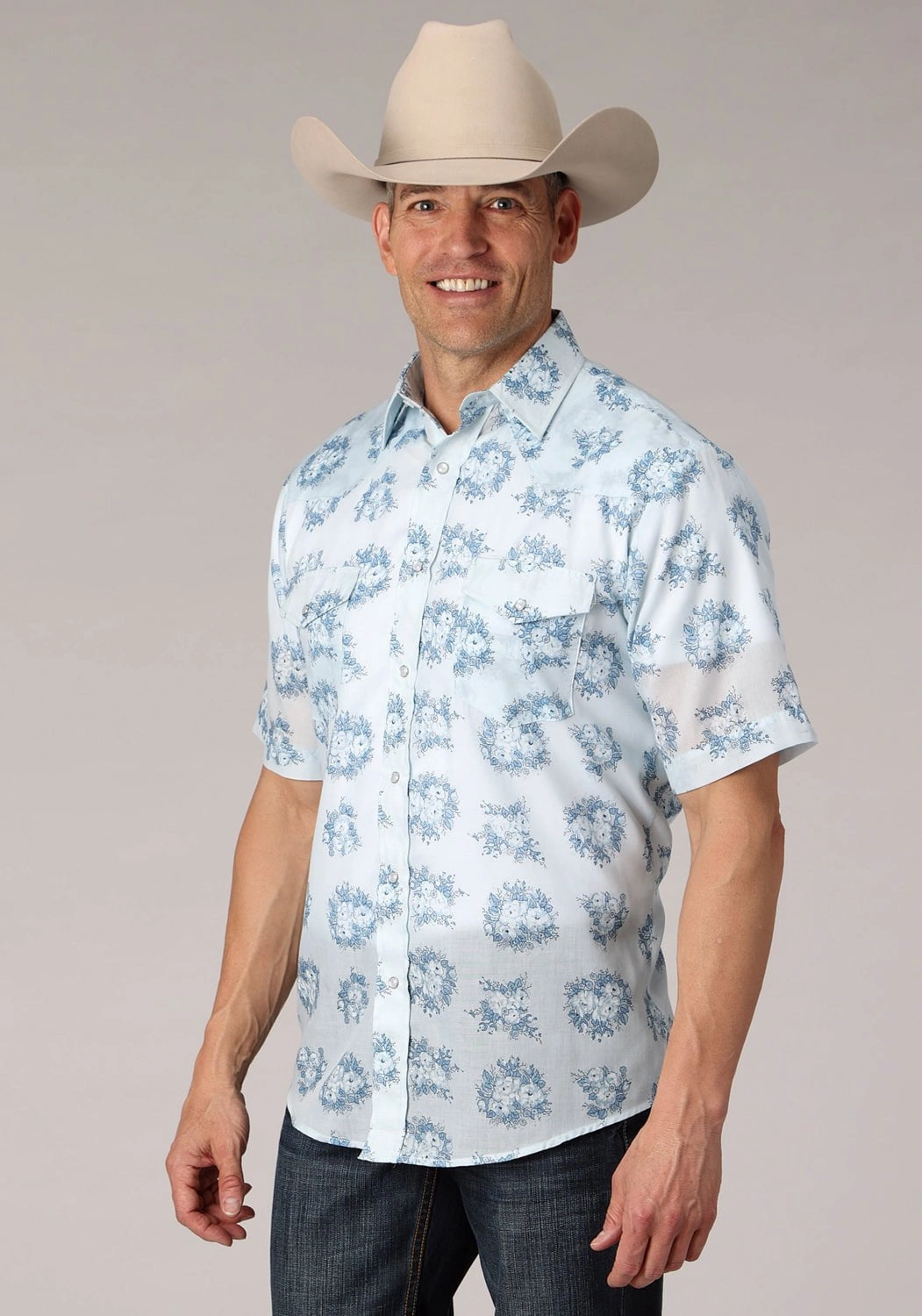 Roper Mens 2066 Multi Floral Blue Cotton Blend S/S Shirt Loose style Breathable fabric